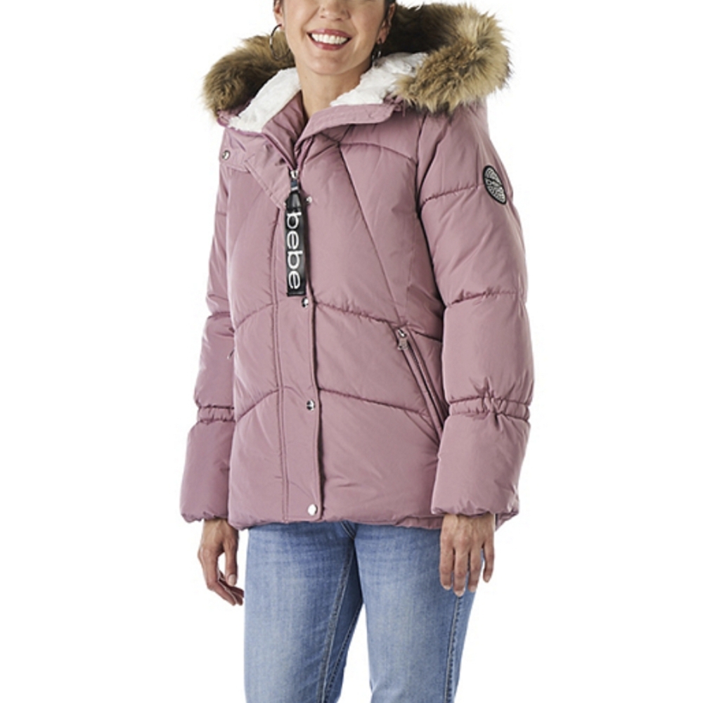 BEBE Women's Hood Puffer Faux Fur Lined Short Jacket Pink Size S NWOT